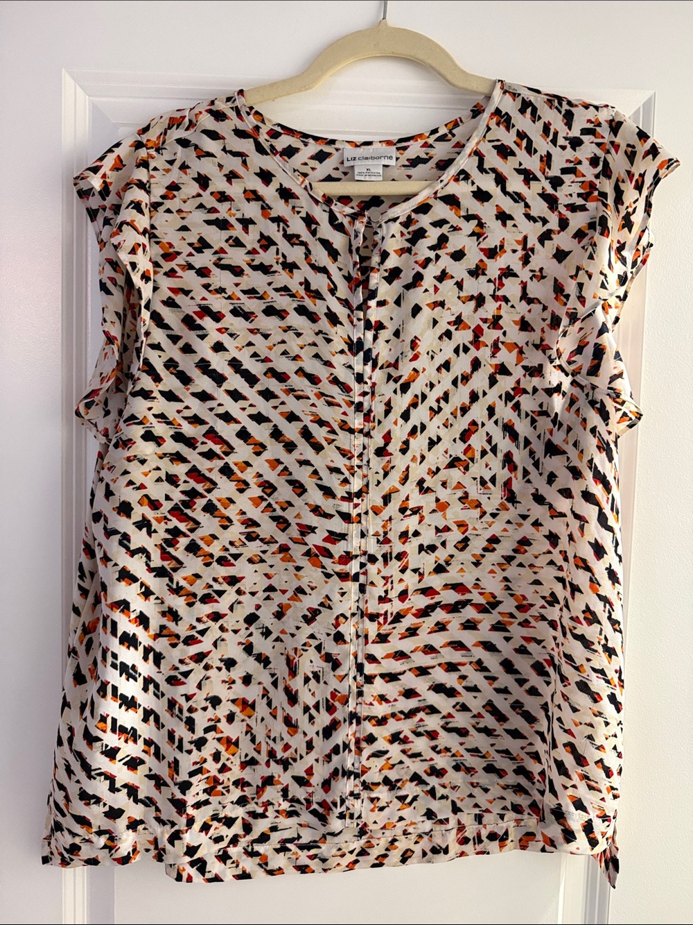 Liz Claiborne Cream Blouse with Black and Orange Geometric Print
